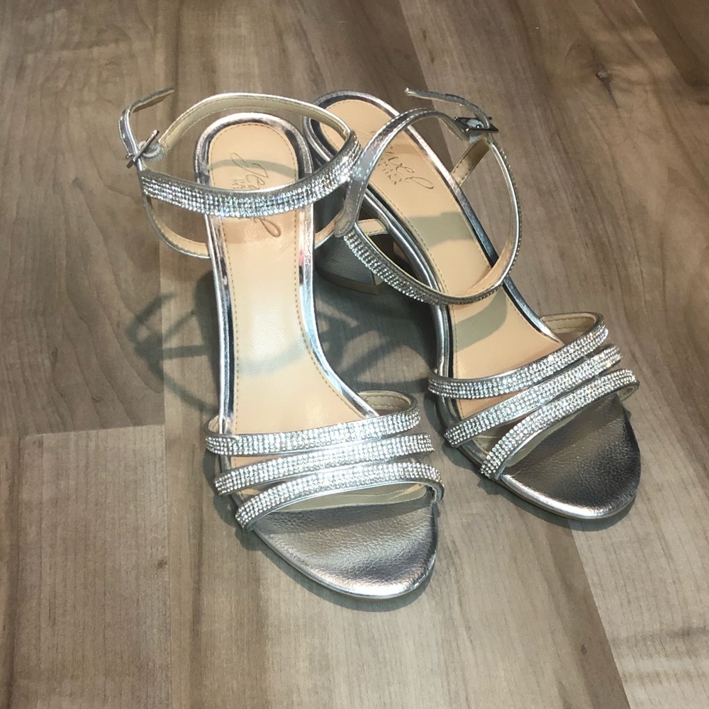 Jeweled silver block heel